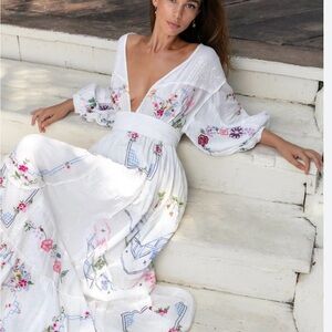 Fillyboo White Maxi Dress with Floral Embroidery